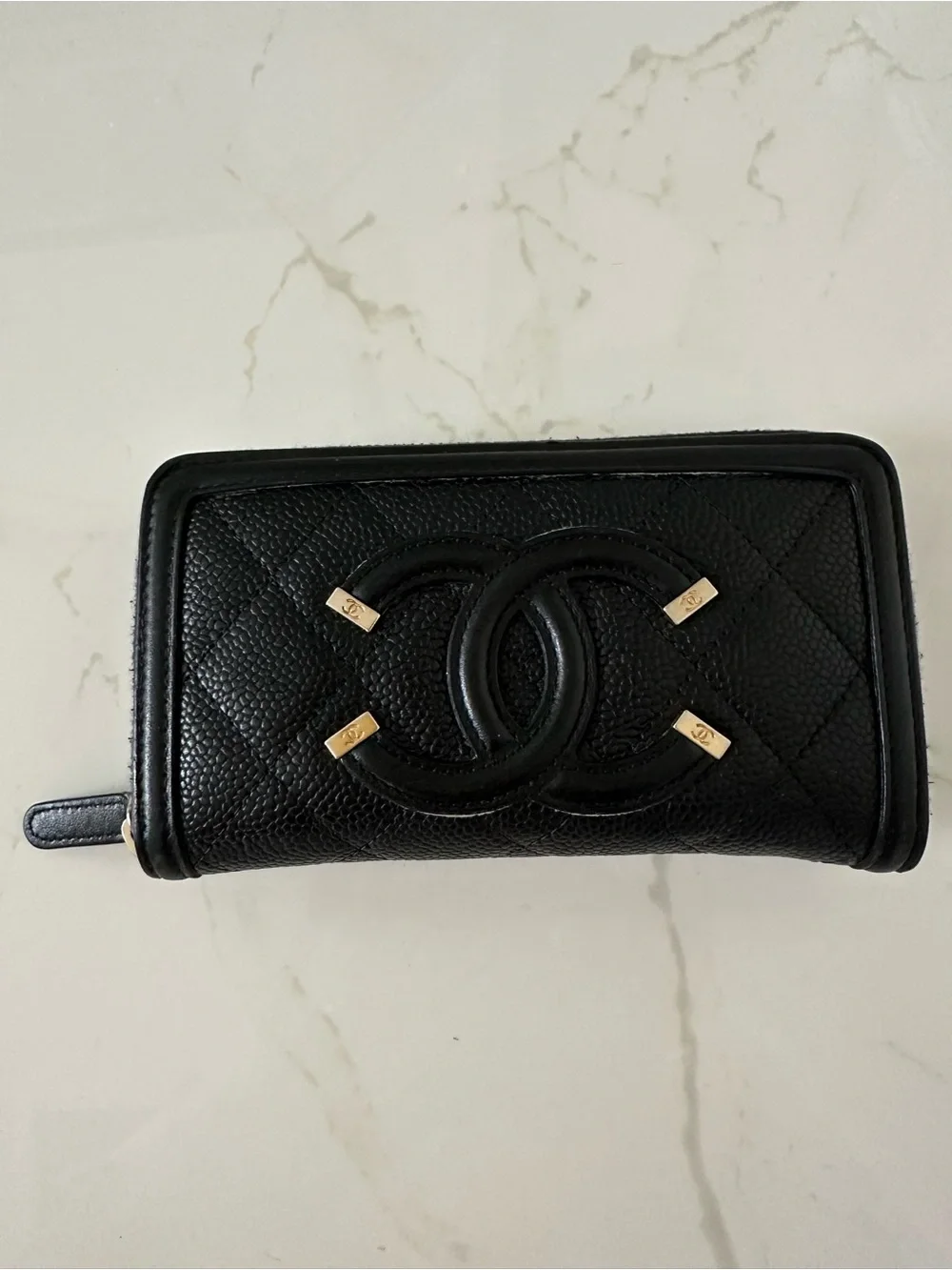 CHANEL Black Quilted Caviar Leather Zip Wallet with Gold Accents